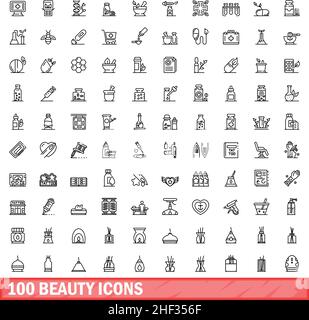 100 beauty icons set. Outline illustration of 100 beauty icons vector set isolated on white background Stock Vector