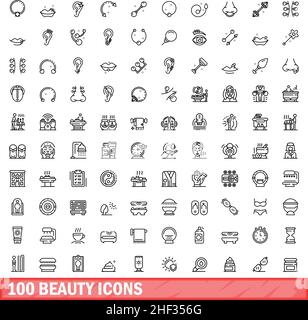 100 beauty icons set. Outline illustration of 100 beauty icons vector set isolated on white background Stock Vector