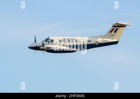 Royal Air Force, RAF, Beechcraft B200 King Air plane ZK450 flying at an airshow. Multi-Engined Training Squadron (METS) operated by Serco Stock Photo