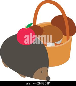 Autumn season icon isometric vector. Hedgehog with red apple and mushroom basket. Forest flora and fauna, autumn nature Stock Vector