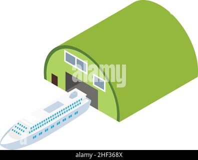 Cruise liner icon isometric vector. Large white passenger ship near hangar icon. Luxury cruise ship after renovation, water transport Stock Vector