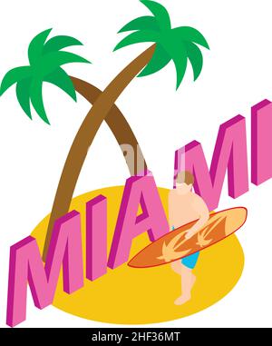 Miami vacation icon isometric vector. Male surfer with surfboard on coast icon. Tourism and travel concept, surfing, summer holiday Stock Vector