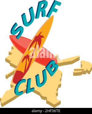 Surf club icon isometric vector. Crossed surfboard on florida map background. Surfing, extreme sport, summertime Stock Vector