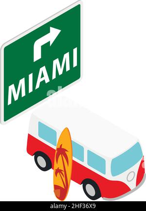 Miami travel icon isometric vector. Miami road sign, surfer van and surfboard. Tourism and travel concept, surfing, summer vacation Stock Vector