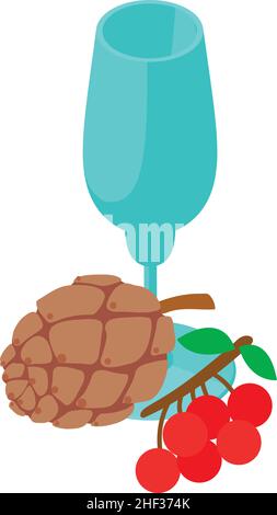 Vitamin beverage icon isometric vector. Glass goblet, rowan branch and cedar cone. Organic product, natural ingredient, healthy lifestyle Stock Vector