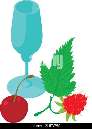 Fruit drink icon isometric vector. Stemmed glass, red ripe cherry and raspberry. Ingredient for refreshing summer drink, vitamin beverage Stock Vector
