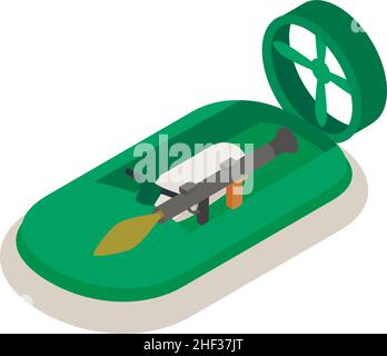 Hovercraft icon isometric vector. Military hovercraft with grenade launcher icon. Modern green military rescue boat, water transport, portable rocket launcher, anti tank rocket grenade gun Stock Vector