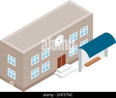 School building icon isometric vector. Bus stop near modern school icon. Two story education building, schoolhouse, social infrastructure Stock Vector