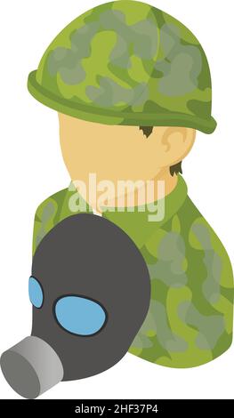 Special protection icon isometric vector. Military man in helmet and gas mask. Male soldier in camouflage, army, chemical protection Stock Vector