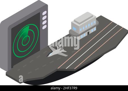 Aircraft carrier icon isometric vector. Military ship with fighter aircraft icon. Warship, navy, water transport, modern technology, green military radar Stock Vector