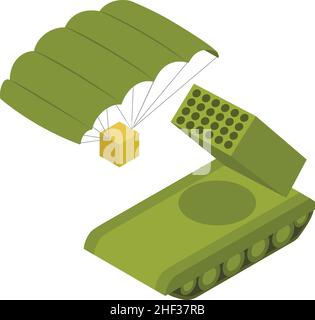 Military technology icon isometric vector. Multiple launch rocket system icon. Modern air defense system, military equipment, falling parachute with cardboard box, missile defense Stock Vector