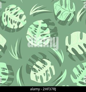 light green manstera leaves on green background pattern Stock Vector
