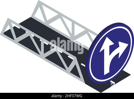 Road sign icon isometric vector. Bridge and go straight, turn right road sign. Prescriptive roadsign, direction indicator, traffic regulations Stock Vector