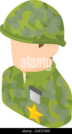 Military man icon isometric vector. Soldier, camouflage uniform with star badge. Hero, veteran, insignia, army, armed forces Stock Vector