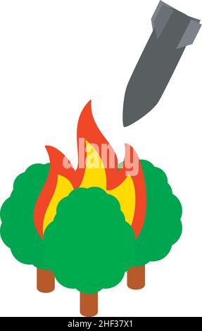 Falling bomb icon isometric vector. Falling war rocket and three burning tree. Armed military conflict, war and confrontation, air attack, military actions, bombardment Stock Vector