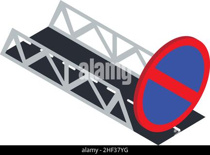 No parking icon isometric vector. Road bridge and prohibition road sign. Traffic sign, restricted parking zone, traffic regulations Stock Vector
