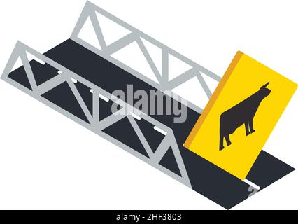 Cattle warning icon isometric vector. Bridge and warning road sign. Cattle crossing road sign, traffic regulations Stock Vector