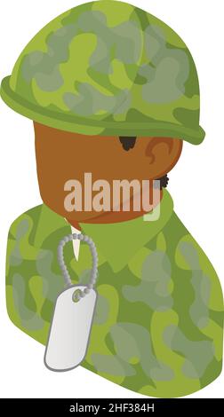Male soldier icon isometric vector. African american military man with dog tag. Soldier in camouflage uniform with token, army, armed forces Stock Vector