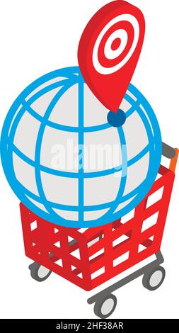 Shopping worldwide icon isometric vector. Geo pin on globe and red shopping cart. Online shop, digital marketing, business concept Stock Vector