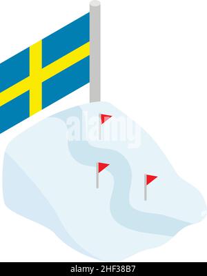 Ski track icon isometric vector. Snow covered slope with ski trace, sweden flag. Winter leisure, hobby, active recreation, extreme sport Stock Vector