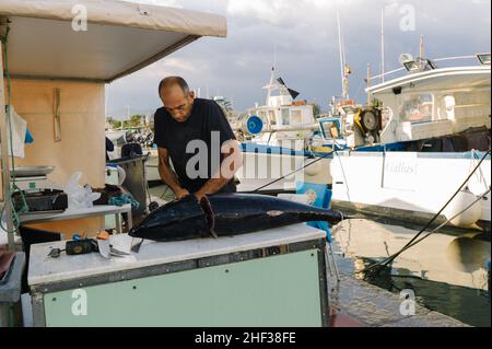 Fisherman cutting and preparing sustainably and freshly caught tuna fish on his stall in the small French fishing port of Sanary sur Mer, Cote d' Azur in the south of France. 2014. Stock Photo