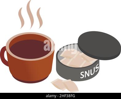 Swedish snus icon isometric vector. Smokeless tobacco product and hot drink icon. Portion snus in container, chewing tobacco, nicotine Stock Vector