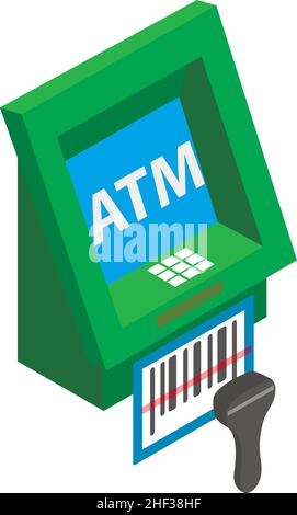 Cash equipment icon isometric vector. Atm machine and wireless barcode scanner. Withdrawal, money transfer, financial transaction, cash register equipment, product identification Stock Vector