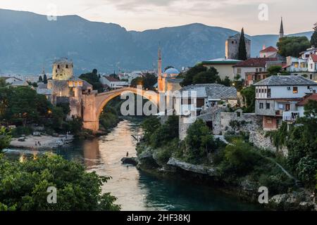 Evening view of Stari most (Old Bridge) in Mostar. Bosnia and Herzegovina Stock Photo