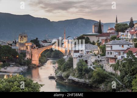 Evening view of Stari most (Old Bridge) in Mostar. Bosnia and Herzegovina Stock Photo
