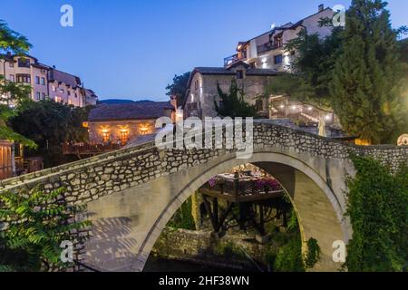 Evening view of Kriva cuprija (Crooked bridge) in Mostar. Bosnia and Herzegovina Stock Photo