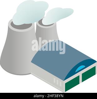 Power plant icon isometric vector. Power station cooling tower, hangar building. Heavy industry, non renewable energy, polluting electricity generation Stock Vector