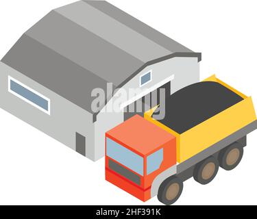 Coal transportation icon isometric vector. Dump truck with coal near hangar icon. Fuel industry, transportation, delivery, storage Stock Vector