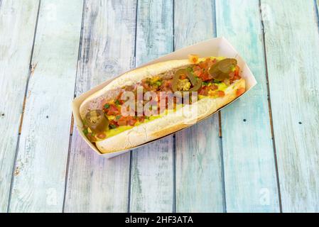 hot dog is a snack that is known all over the world and that can be prepared with many variations of ingredients, but definitely this one with jalapeñ Stock Photo