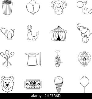 Circus Icons set in outline style isolated on white background Stock Vector
