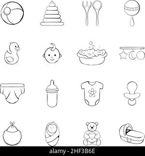 Baby icons set in outline style isolated on white background Stock Vector