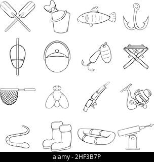 Fishing icons set in outline style isolated on white background Stock Vector
