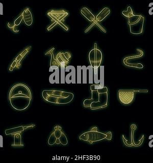 Fishing set icons in neon style isolated on a black background Stock Vector