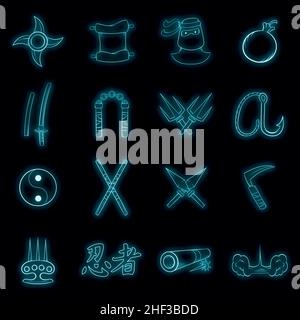 Ninja set icons in neon style isolated on a black background Stock Vector