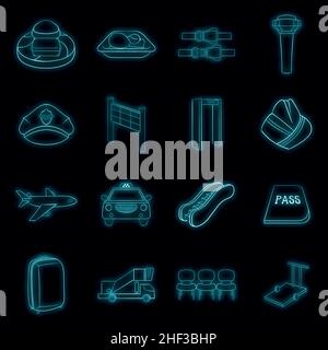 Airport set icons in neon style isolated on a black background Stock Vector