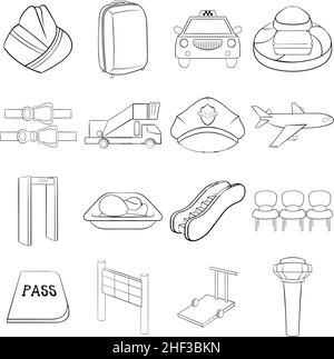 Airport icons set in outline style isolated on white background Stock Vector