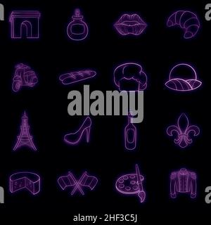 France set icons in neon style isolated on a black background Stock Vector