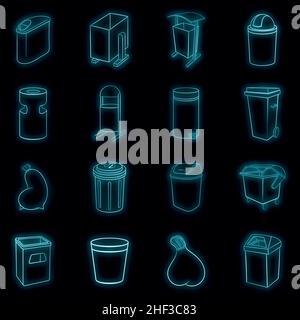 Trashcan icons in neon style. Garbage box set collection isolated vector illustration Stock Vector