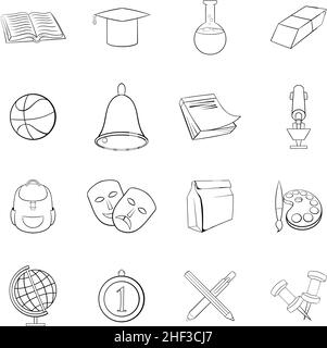 School set icons in outline style isolated on white background Stock Vector