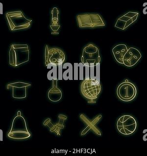 School icons set in neon style. Education set collection cartoon style Stock Vector