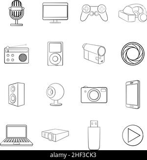 Multimedia set icons in outline style isolated on white background Stock Vector