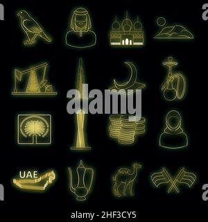 UAE icons set in neon style. United Arab Emirates elements set collection vector illustration Stock Vector