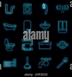 Bathroom icons set in neon style. Plumbing service set collection vector illustration Stock Vector