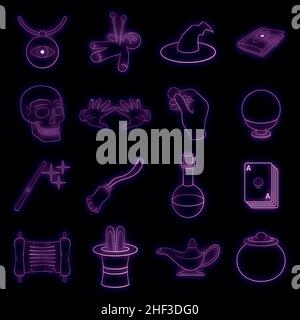 Cartoon magic icons set. Universal magic icons to use neon color on black Stock Vector
