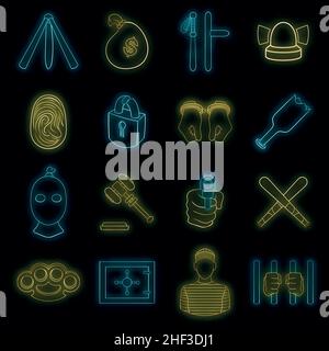 Cartoon crime icons set. Universal crime icons to use neon color on black Stock Vector