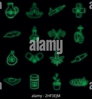 Medical marijuana icons set in neon style. Cannabis theme set collection vector illustration Stock Vector